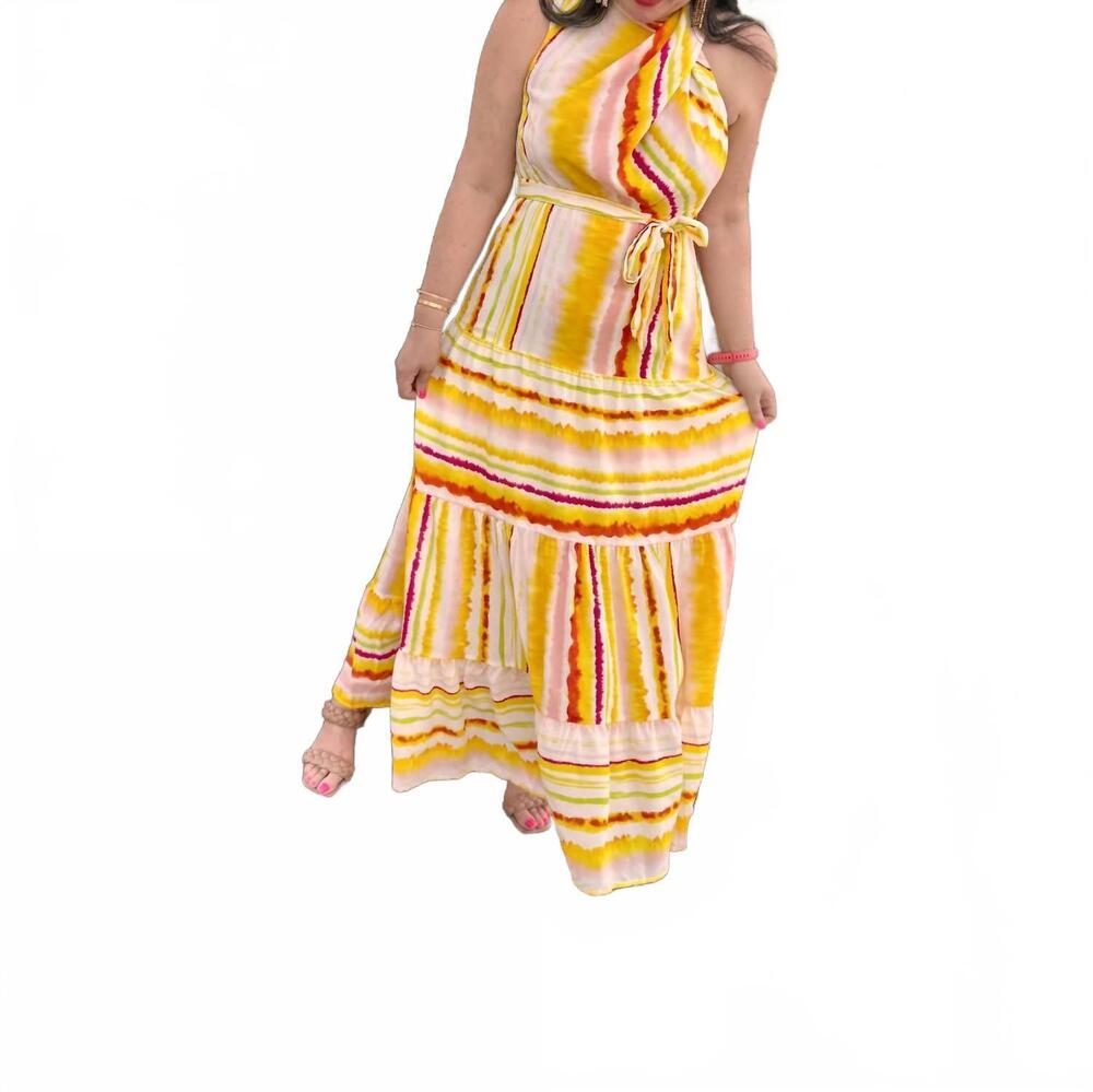 NEW ENTRO print sleeveless tiered maxi dress in yellow multi